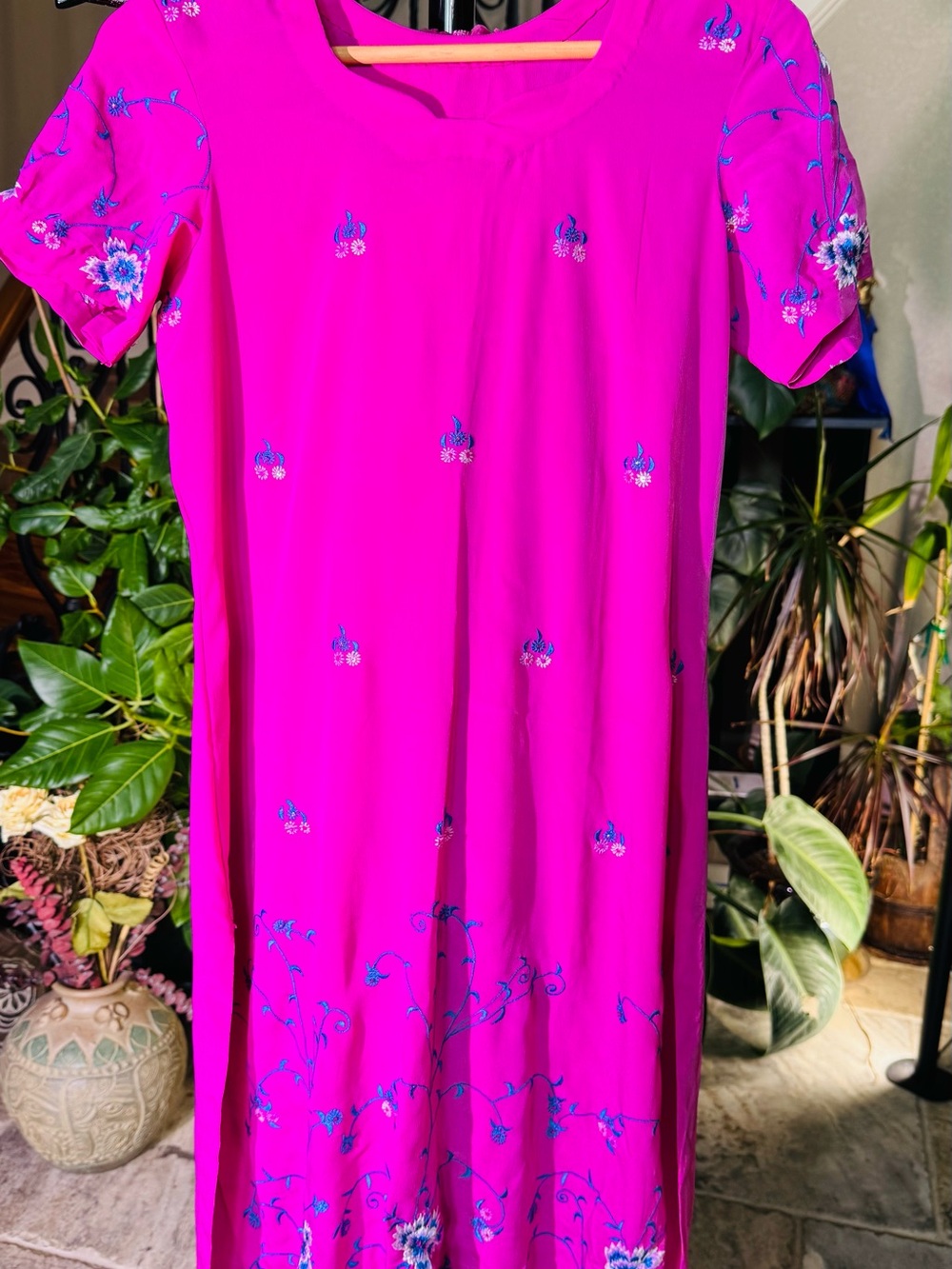 Bright Magenta Embroidered Women Salwar shirt with multicolored dupaata
